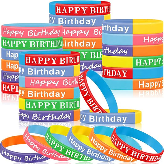 Sratte 120 Pcs Happy Birthday Rubber Bracelets for Kids Stretch Wristbands Bulk Birthday Bracelets for Classroom Student Back to School Gift Teacher Birthday Party Favors Supplies