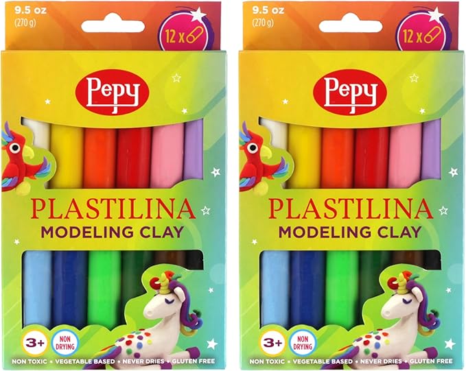 Pepy Plastilina Reusable and Non-Drying Modeling Clay; Set of 24; 2 Each of 12 Colors, 0.8 Ounces Each, Perfect for Arts and Crafts Projects