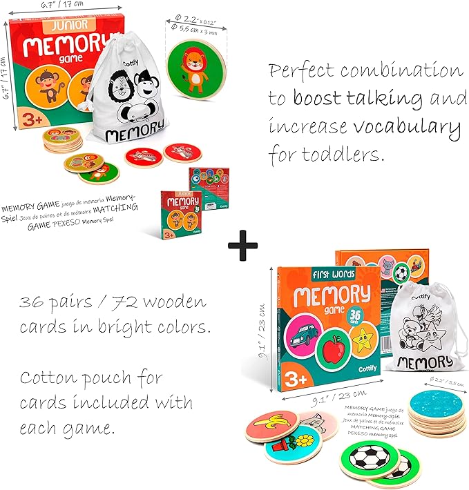 Cottify 2-Pack Wooden Memory Matching Game for Toddlers, Durable Memory Game for Toddlers 3-5 Years, Toddler Memory Game, Toddler Matching Game, Memory Games for Kids 3 and up, 72 Cards