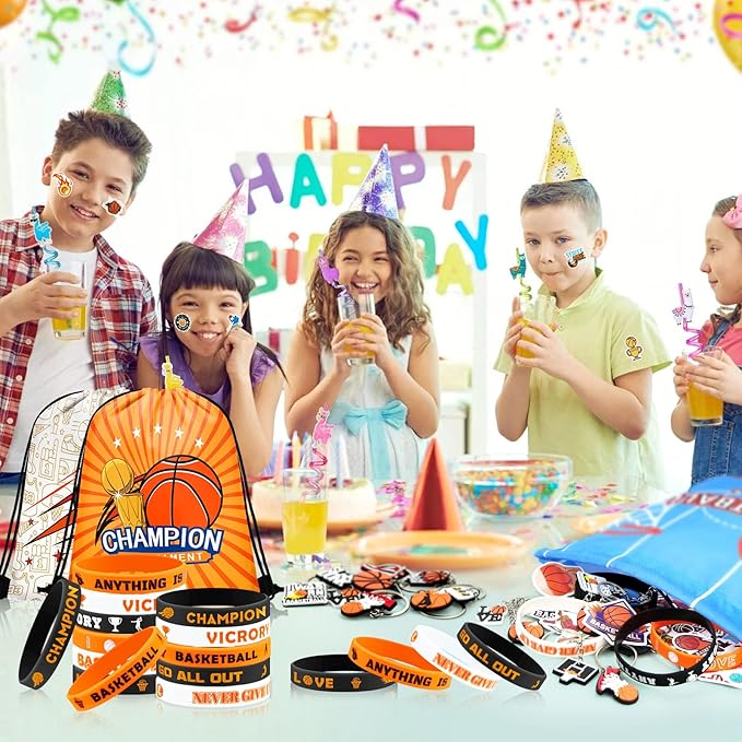 110 Pcs Basketball Party Favors Drawstring Backpack with Keychains Silicone Bracelets Stickers for Sports Birthday Supplies Goodie Bags Basketball Themed Gifts