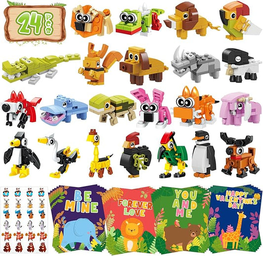 Erweicet Valentines Day Gifts for Kids 24 PCS Animals Building Blocks with Valentines Gift Cards for Kids Boys Girls Classroom Gift Exchange