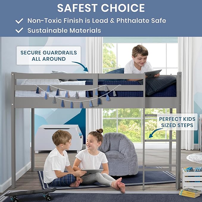 Delta Children Twin Loft Bed with Guardrail and Ladder (Coordinates with Batman, Spider-Man & Harry Potter Tents Sold Separately), Grey