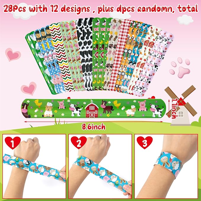 Haooryx Valentine's Exchange Gifts Bulk - 28 Pack Valentine's Day Farm Animal Slap Bracelets Inspired Greeting Cards Student Prize Activity Farmland Classroom School Kids' Multi-Item Party Favor Packs