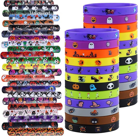 xutengy 48Pcs Halloween Party Favors Decorations Slap Bracelets Rubber Wristbands, Trick or Treat Party Favors, Classroom Prizes, Halloween Party Gift Treat Bag Filler Supply