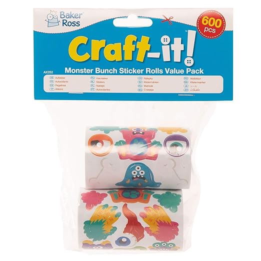 Baker Ross AX252 Monster Bunch Sticker Rolls - Pack of 600, Kids Stickers, Ideal for Children's Arts and Crafts Projects, Great for Card Making and Scrapbooking, Halloween Stickers