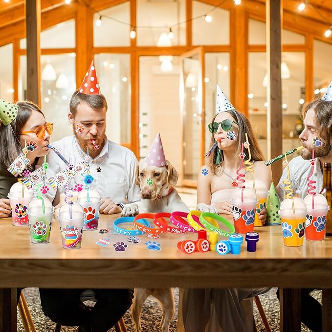 Gejoy 178 Pcs Dog Paw Party Favors Set Includes Paw Straws Cups Silicone Bracelet Keychain Stamper Sticker Pendant Chain Thank You Tag for Boy Girl Dog Theme Party Supplies(Dog Paw)