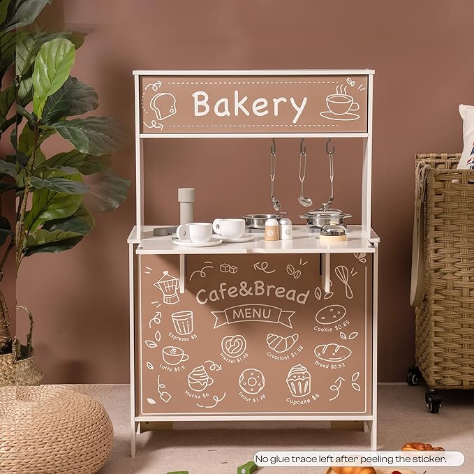 ROBUD Montessori Wooden Play Kitchen, Kids Kitchen Playset with Customisable Themes, Pretend Toddlers Kitchen Toy with DIY Creative Chalkboard, Gift for Ages 3 4 5 6 7 8