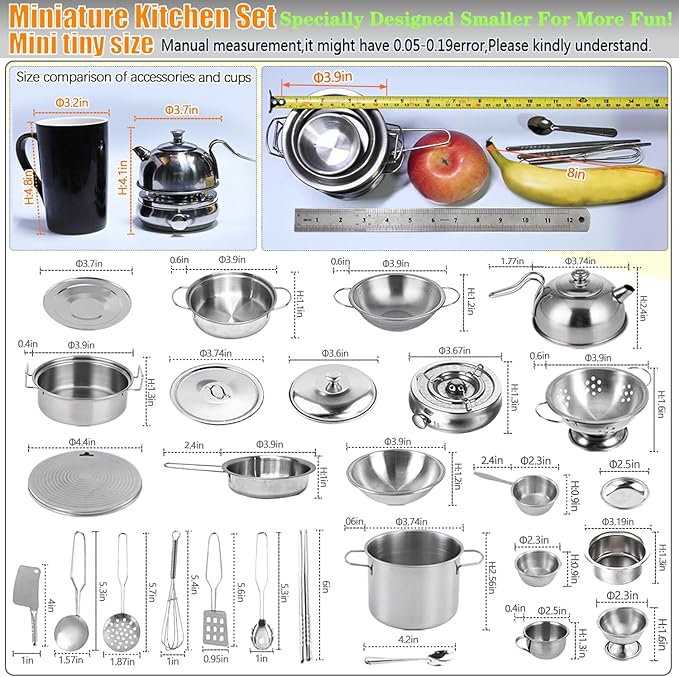 Mini Size Kids Kitchen Pretend Play Toys Accessories with Stainless Steel Cookware Pots and Pans Set,Classic Kitchen Accessories Cooking Utensils Set Tiny Role Play Cooking Play Toy for Kids Toddlers