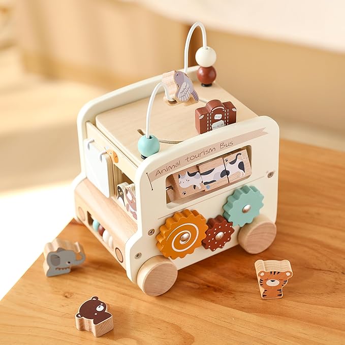 Wooden Activity Cube 8-in-1 Montessori Toys | Multifunctional Early Educational Learning Toys | Activity Cube for Baby Shape Sorter Xylophone Animal Travel Bus Toys Boy Girl Birthday Gift(Beige Bus)
