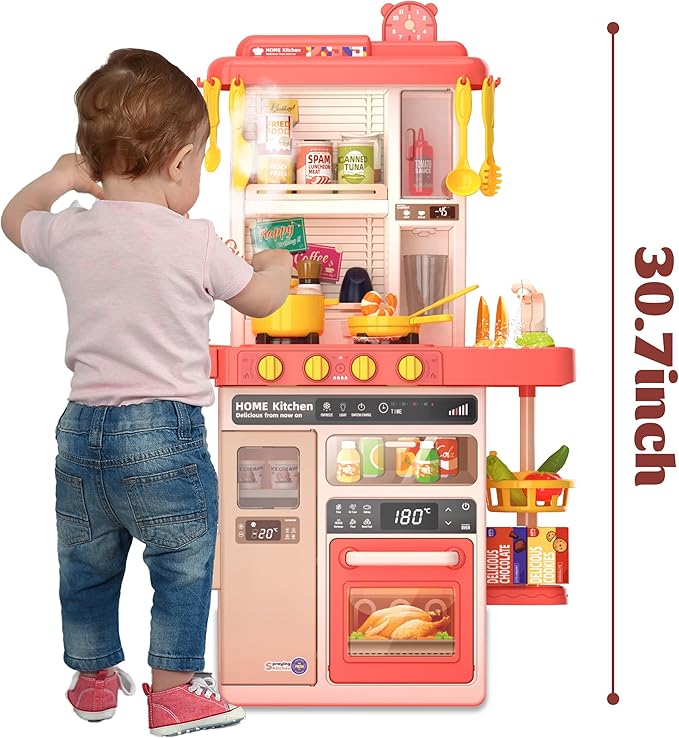 Kids Kitchen Play Set,Interactive Kids Kitchen Play Set with 50Pcs of Pretend Kitchen Toys,Realistic Sound Effects,and Simulated Functionality - Suitable for Toddlers Aged 2-12 Years(Pink)
