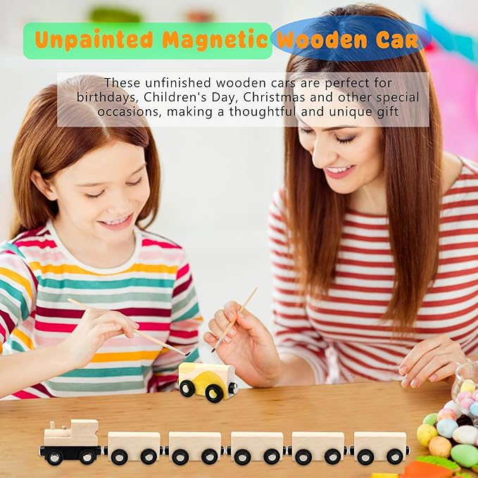12 Pcs Wooden Trains Toys Unpainted Wood Train Cars Weak Magnetic Suction Paintable Wooden Railway for Kids Educational Toys Birthday Christmas Party Gifts (Style Set 4)