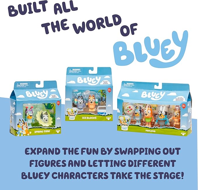 Bluey 4-Pack Toy Figure Playset, Let’s Play Chef Pavlova Toddler Figurine Toys Set with Chef Accessories, Poseable Figurines for Kids Ages 3-5