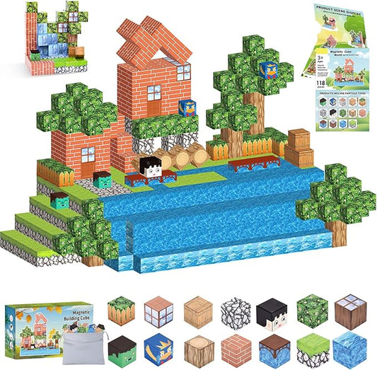 Ludmila 118PCS Magnetic Building Blocks Toy Set - Montessori STEM Toys, Forest House Construction Kit, 1-Inch Magnetic Cube Sensory Tiles for Kids Boys & Girls Ages 3+