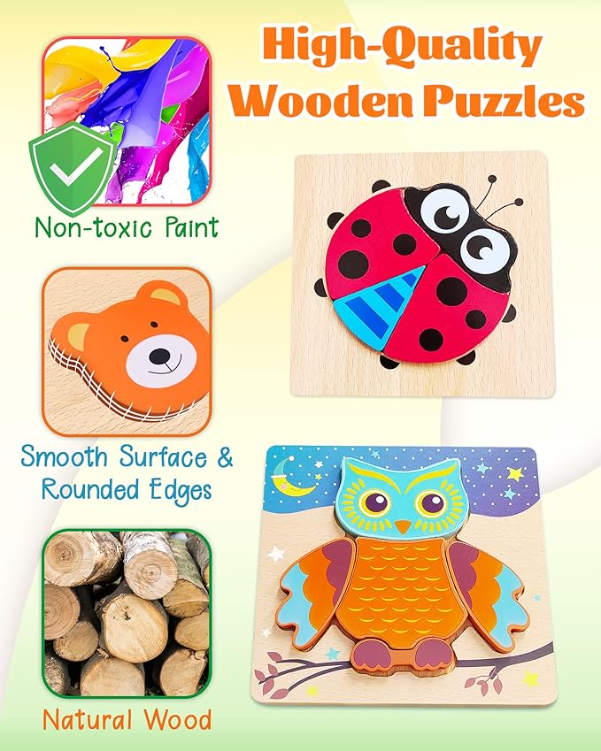 Bekayshad Wooden Puzzles Toddler Toys Gifts for 1 2 3 Year Old Boys Girls, 8 Pack Animal Jigsaw Puzzles Montessori Toys, Learning Educational Christmas Birthday Gifts for Girls Boys Ages 1-3