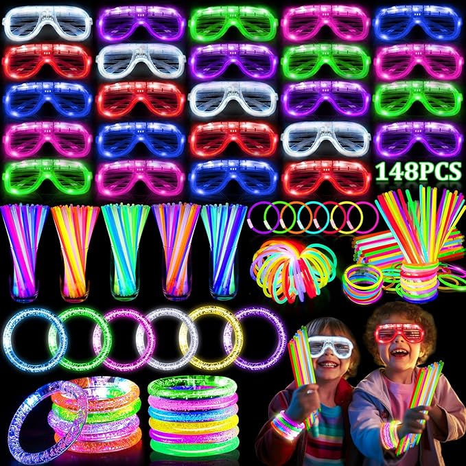 TURNMEON 148 PCS Glow in the Dark Party Supplies Light Up Toys with 24 Led Glasses, 24 Flashing Bracelets and 100 Glow Sticks Bulk Party Favors for Kid Adult Birthday Wedding Carnivals Concert