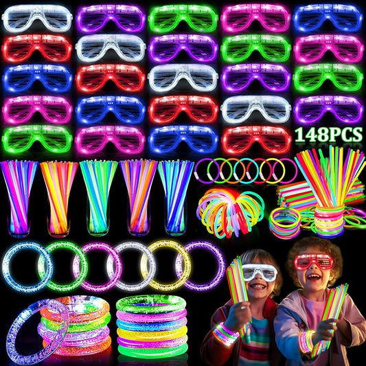 TURNMEON 148 PCS Glow in the Dark Party Supplies Light Up Toys with 24 Led Glasses, 24 Flashing Bracelets and 100 Glow Sticks Bulk Party Favors for Kid Adult Birthday Wedding Carnivals Concert