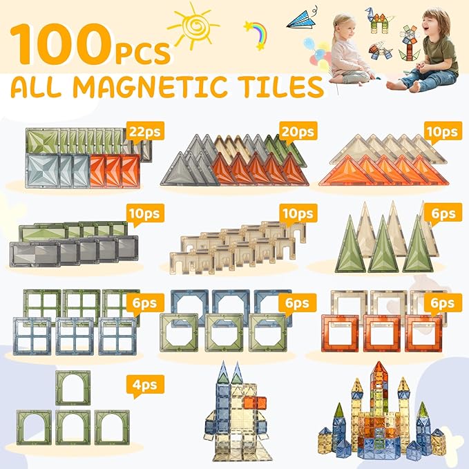 Magnetic Tiles, 100PCS Earth Color Magnet Building Toys for Kids Age 4-8, Sensory Stacking Blocks for Toddlers, STEM Preschool Montessori Learning Toys Birthday Gifts for Boys Girls Ages 3+