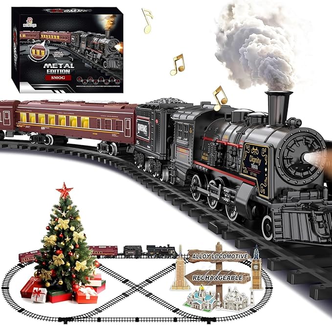 Electric Train Sets for Kids Metal Alloy Christmas Train Toys Steam Locomotive, Glowing Passenger Carriages, Luxury Tracks, Light & Sounds Rechargeable Birthday Gifts for Boys Girls Red โฆ