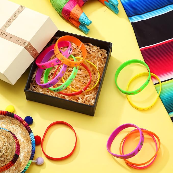 Xinnun 24 Pcs Mexican Fiesta Rubber Bracelets Fiesta Party Silicone Wristbands Mexican Party Favors with Taco Cactus Piñata Pattern for Let's Fiesta Cinco De Mayo Party(Mexico)
