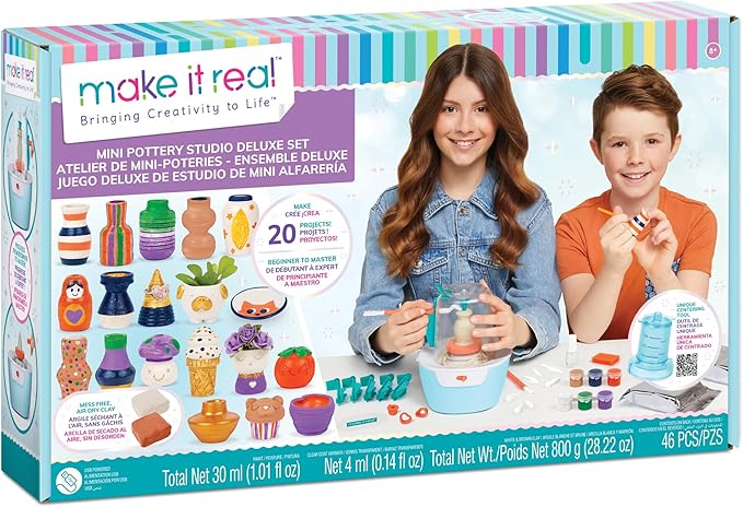 Make It Real Mini Pottery Studio Deluxe Set - DIY All-in-1 Sculpting Craft Kit for Kids & Tweens - Create 20 Unique Miniature Clay Projects - No Mess, No Bake, Quiet Wheel - All Skill Levels Ages 8