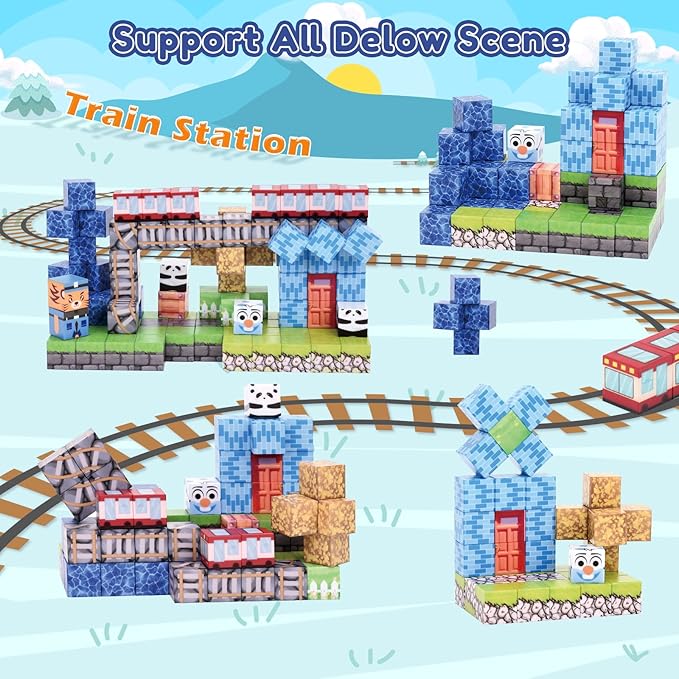 Ludmila 100PCS Magnetic Building Blocks, Montessori STEM Toys for Toddlers, Build 3D Magnetic Train Station Set, Sensory Construction Kit for Boys & Girls, for Ages 3-12 Birthday