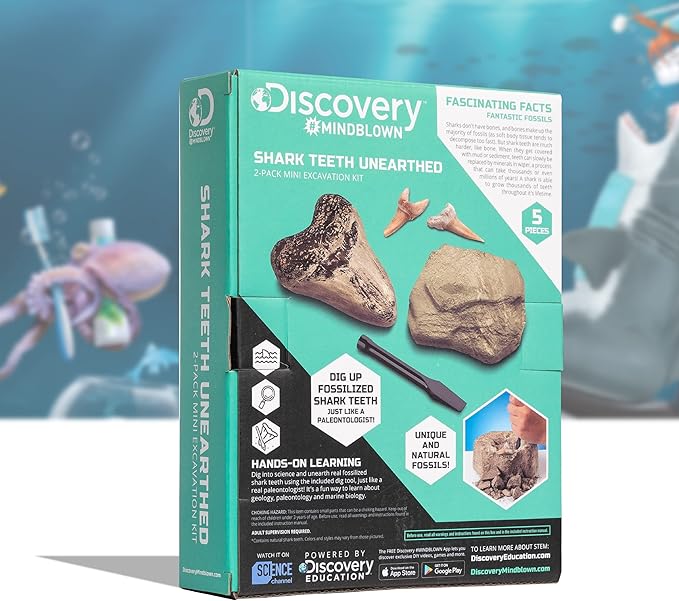 Discovery #MINDBLOWN Mini Fossil Dig Set, 2 Pack Real Shark Teeth Excavation Kit, Interactive Archaeology Paleontology Experiment, Learn Science, Fun and Educational STEM Toy for Kids Ages 6 and Up