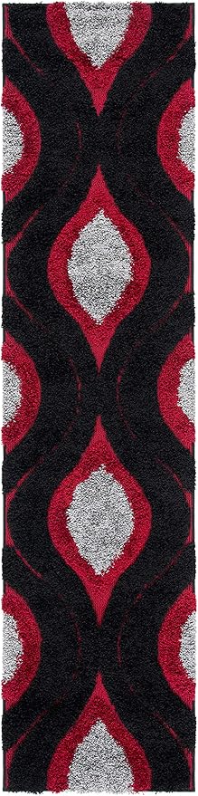 SAFAVIEH Florida Shag Collection Runner Rug - 2'3" x 9', Black & Red, Modern Ogee Design, Non-Shedding & Easy Care, 1.2-inch Thick Ideal for High Traffic Areas in Living Room, Bedroom (SG461-9040)