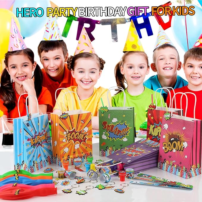 LiYiQ 122 Pcs Hero Party Favors with Hero Punch Balloons Reusable Drinking Straws Hero Slap Bracelets Keychains Stamps Stickers and Gift Bags for Kids Hero Birthday Party Supplies (Style 1)