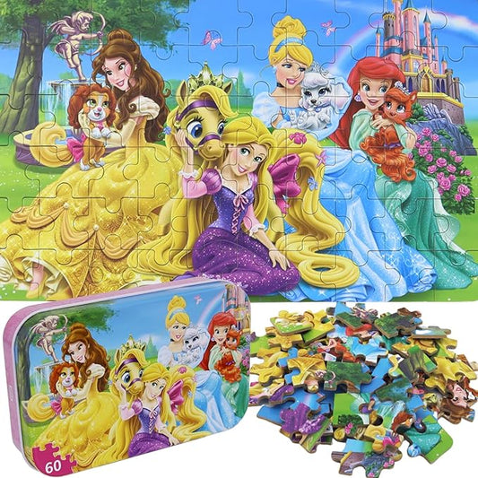 Wooden Princess Puzzles for Kids, 60 Pieces Jigsaw Puzzles in Metal Box, Educational Toys for Ages 3+ (0684, 8 Sets)