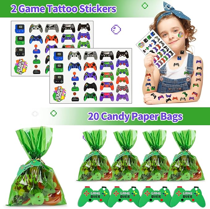 102 Video Game Party Favors Birthday Supplies Silicone Bracelet VIP Pass Holder Stamper Keychain Tattoo Stickers Goodie Bag Fillers Gaming on Toy Gift Kid Boy Gamer Party Favors