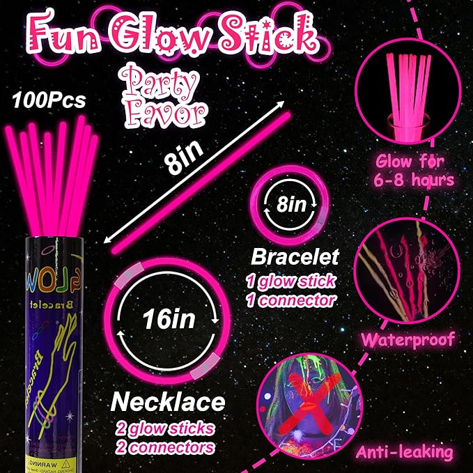 100 pk 8" Pink Glow Sticks Bulk Party Favors, Light up Glow Necklaces & Bracelets in the Dark Party Supplies For Christmas Valentine Halloween Birthday Neon Party (100 * Pink)