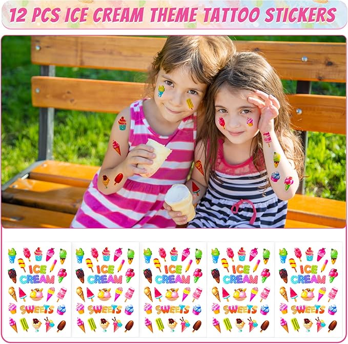 Erweicet Ice Cream Party Favors 72 PCS Ice Cream Slap Bracelets Pen DIY Stickers Straws Tattoo Stickers Gift Bags for Kids Girls Ice Cream Theme Birthday Party Gift Giving Sweet Summer Baby Shower