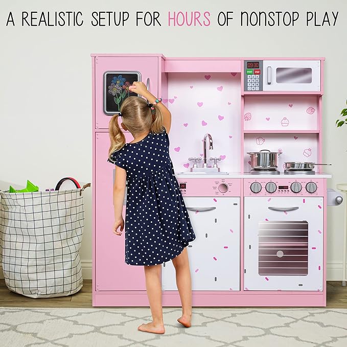 Lil' Jumbl Kids Kitchen Set, Pretend Wooden Play Kitchen, Battery Operated Icemaker & Microwave with Realistic Sound, Pots & Pan Included - Pink