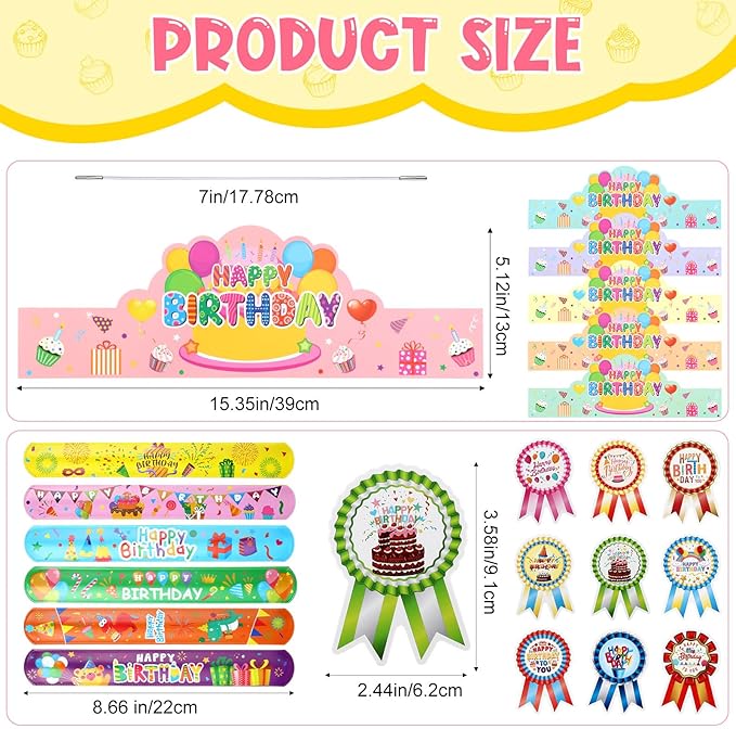 Yunsailing 108 Pcs Happy Birthday Party Supplies for Kids Include 36 Birthday Paper Crowns 36 Birthday Badge Stickers 36 Happy Birthday Slap Bracelets for Classroom School Party Supply(Fresh Color)