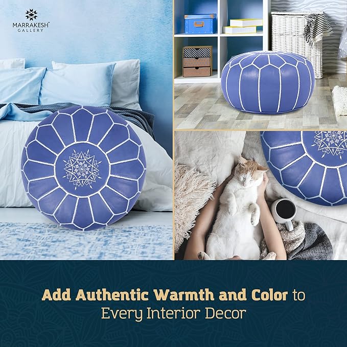 Genuine Leather Round Pouf Cover - Handmade Moroccan Ottoman Footstool, Unstuffed Footrest Under Desk - Boho Decor - Bohemian Living Room, Bedroom, Kids Room - Housewarming Gift & Wedding