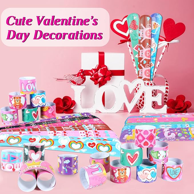 Valentine's Day Slap Bracelets 48Pcs Valentine's Day Party Favors for Kids Valentine's Day Snap Bracelets Party Supplies Valentine's Prize for student Valentine's Day Gift for Class Goodie Bag Fillers