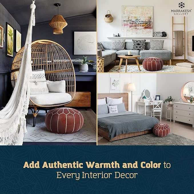 Genuine Leather Round Pouf Cover - Handmade Moroccan Ottoman Footstool, Unstuffed Footrest Under Desk - Boho Decor - Bohemian Living Room, Bedroom, Kids Room - Housewarming Gift & Wedding