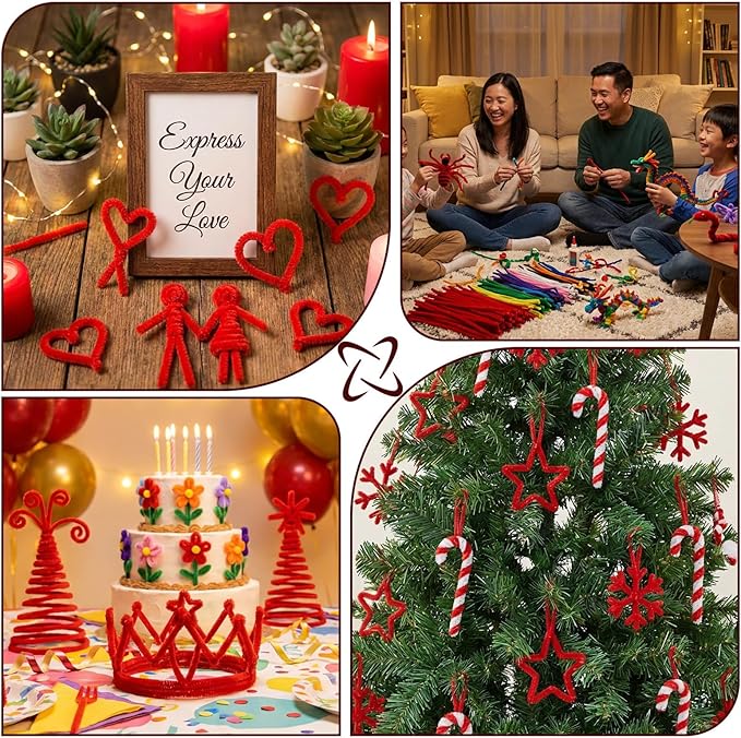 Red Pipe Cleaners Craft Bulk,Valentine's Day Gift,100Pcs Chenille Stems Hand Crafts,Flowers DIY Craft Supplies for Home/Christmas Arts and Crafts Decorations,Sensory Toys for Ages 8-13,Family Games