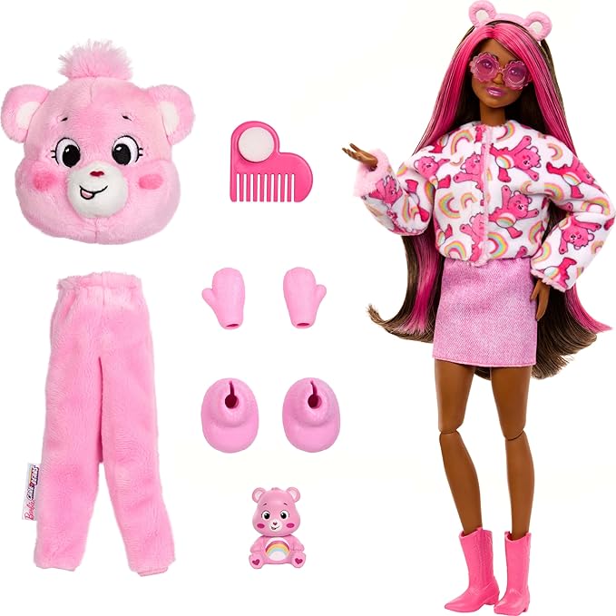 Barbie Cutie Reveal Doll & Accessories, Care Bears Series, Fashion Doll with Cheer Bear Plush Costume & 10 Surprises Including Color Change & Mini Bear