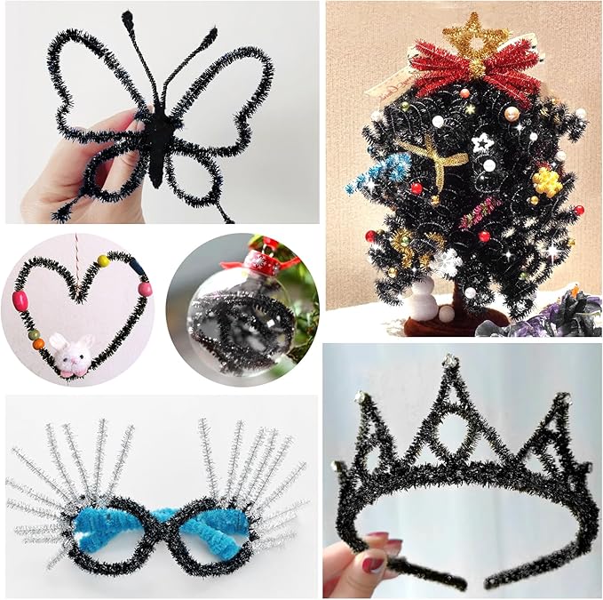 TOAOB 100pcs Christmas Glitter Pipe Cleaners Black Metallic Pipe Cleaners Craft Supplies 6mm x 12 Inch Chenille Stems Pipe Cleaners for Art DIY Crafts Decorations