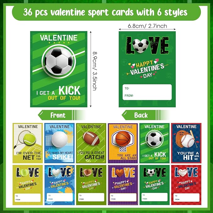 36 Pack Valentines Day Sports Gift Set Include Sports Valentine's Day Cards Adjustable Sport Party Charm Bracelet for Classroom Exchange Prizes Kids Party Favor Teens Adults Sports Team Greeting Favor
