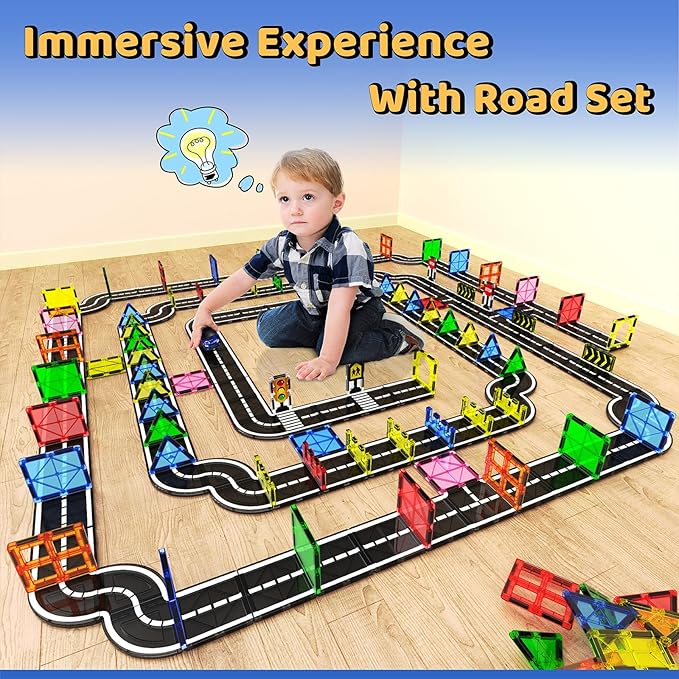Magnetic Tiles - Road Set, Magnetic Building Blocks, Preschool Montessori Toys Gift for 3+ Year Old Boys and Girls, Sensory Travel Toys for Kids Aged 3-5 and 4-8, Ideal for Toddler with Autism