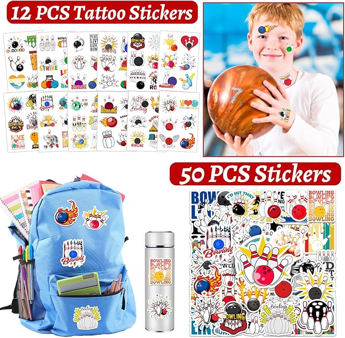 110 Pcs Bowling Party Favors, Bowling Party Favors Bags Temporary Tattoos Slap Bracelets Keychains Stickers Ballpoint Pen for Bowling Birthday Party Decorations Gifts for Kids Classroom Rewards