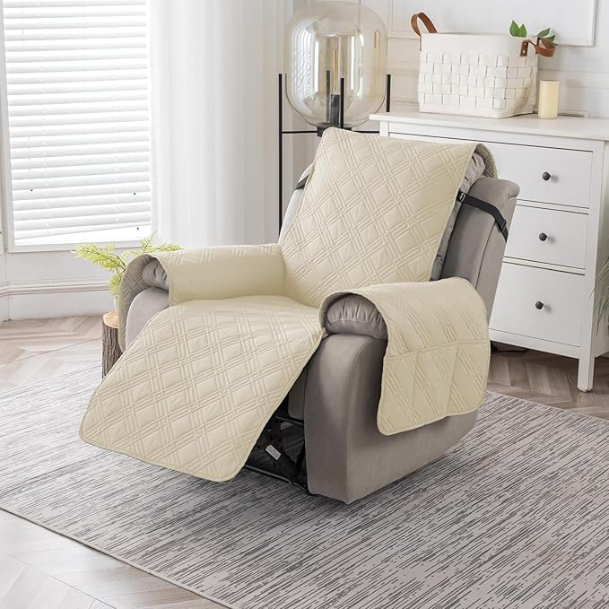 Easehomey 100% Waterproof Recliner Chair Covers, Non Slip Dog Chair Cover Furniture Protector Washable Chair Cover with Pocket, Elastic Straps for Kids,Pets,Dogs (Beige, 23.6")
