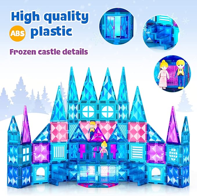 102pcs Frozen Castle Magnetic Tiles - 3D Diamond Building Blocks, STEM Educational Kids Toys for Pretend Play, 3 4 5 6 7 8 Year Old Girl Birthday Gifts for Your Princess and Prince