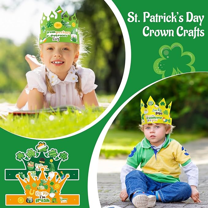 WorldBazaar St. Patrick's Day Crown Hat Craft for Kids 24 Pack Lucky Shamrock Clover Paper Hat with Stickers Green Irish Classroom Family Party Favors Supplies
