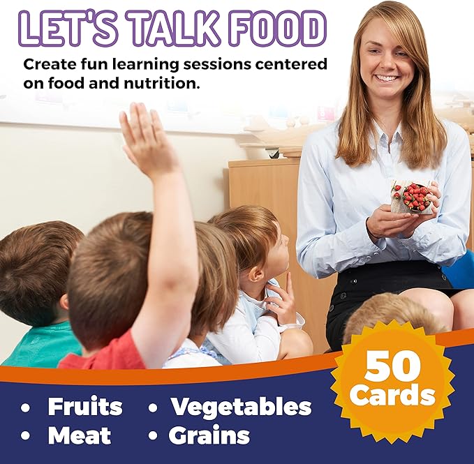 50 Food Double Sided Flash Cards - Nutritious Fruits, Heathly Vegetables, Yummy Desserts & Snacks - Educational Learning Picture Cards for Kids, Adults, Speech Therapy, ESL, ABA, Autism, Dementia