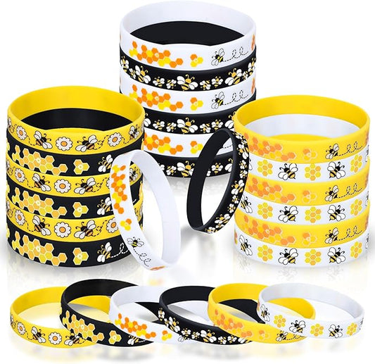 Whaline 6 Designs Bee Silicone Bracelets 36Pcs Honey Bee Flower Rubber Wristband White Black Yellow Spring Summer Bee Bracelets for World Bee Day Birthday Baby Shower Bee Theme Party Favor Supplies