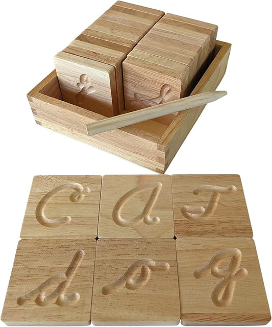 Montessori Cursive Wooden Alphabet Tracing | Preschool Learning Letter Tracing | ABC Flash Cards | Double Sided Uppercase and Lowercase | Includes Storage Box and Stylus Pen | Set of 26 Pieces