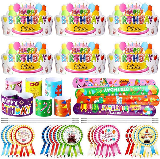 Yunsailing 108 Pcs Happy Birthday Party Supplies for Kids Include 36 Birthday Paper Crowns 36 Birthday Badge Stickers 36 Happy Birthday Slap Bracelets for Classroom School Party Supply (White Color)